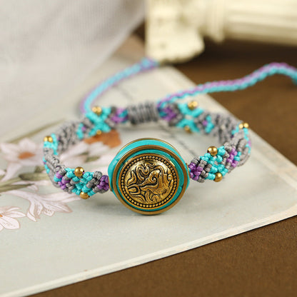 Tibetan Ethnic Style Nepalese Beads Hand String Retro Diagonal Knot Colorful Rope Pure Hand Woven Bracelet