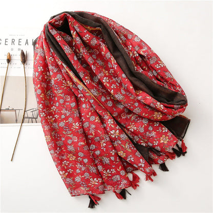 Women'S Cotton And Linen Feel Flower Scarf Spring, Summer And Autumn Shade Shawl Soft Temperament