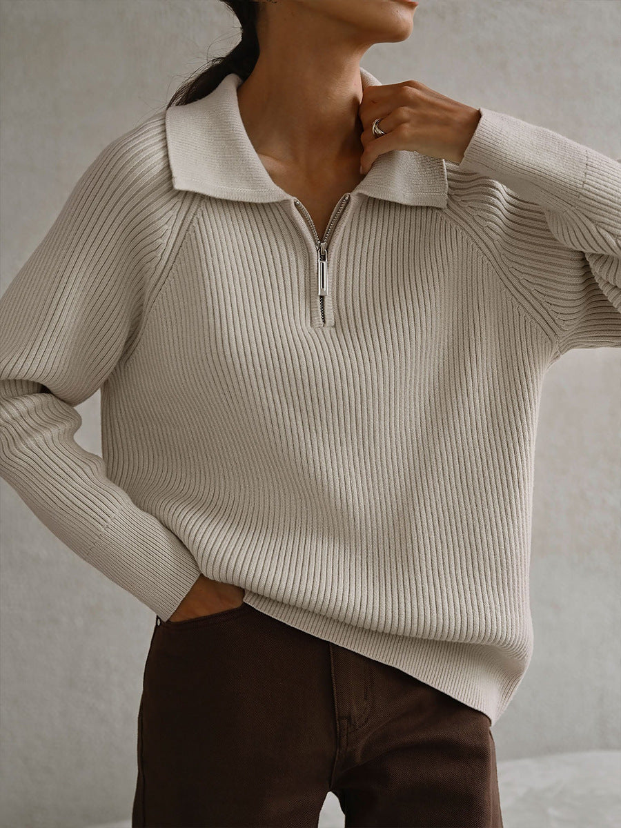 Solid Color Zipper Sweater Loose Knit Sweater