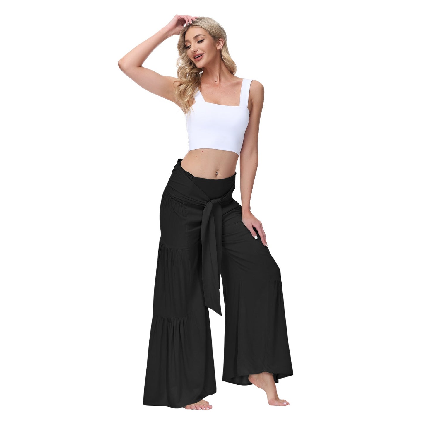 Casual Loose Wide Leg Pants With Drawstring High Waist