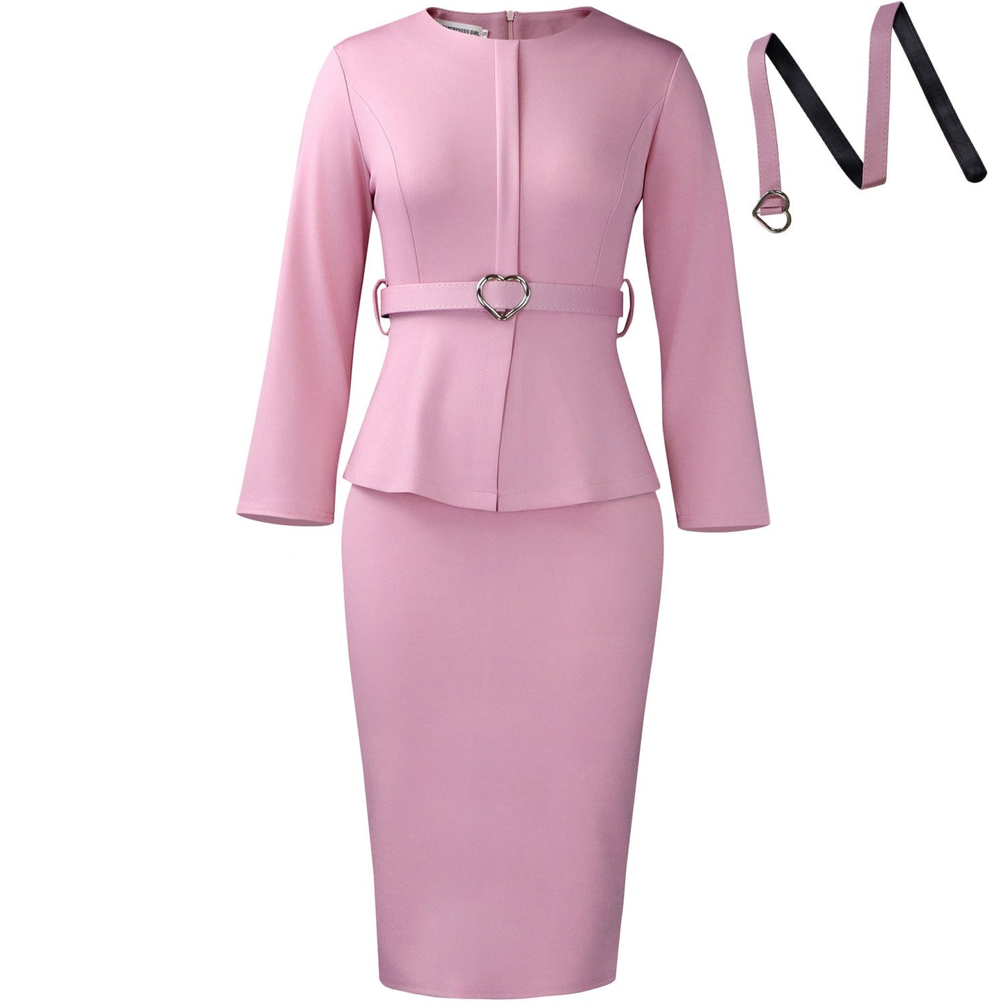 Elegant Round Neck Pencil Dress With Belt