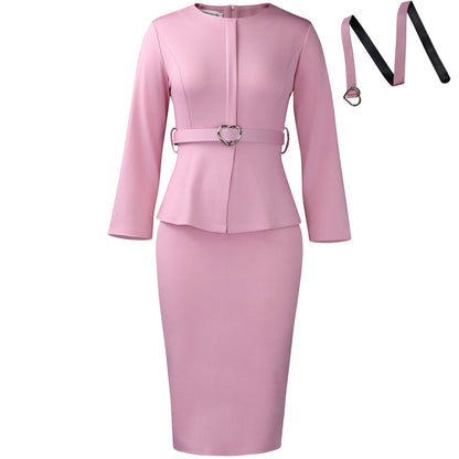 Elegant Round Neck Pencil Dress With Belt