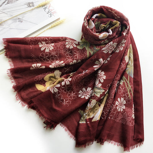Spring And Autumn New Little Fresh Bali Yarn Flower Print Women'S European And American Popular Scarf Beach Scarf
