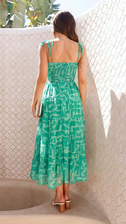 Print Hollow Out String Spaghetti Dress