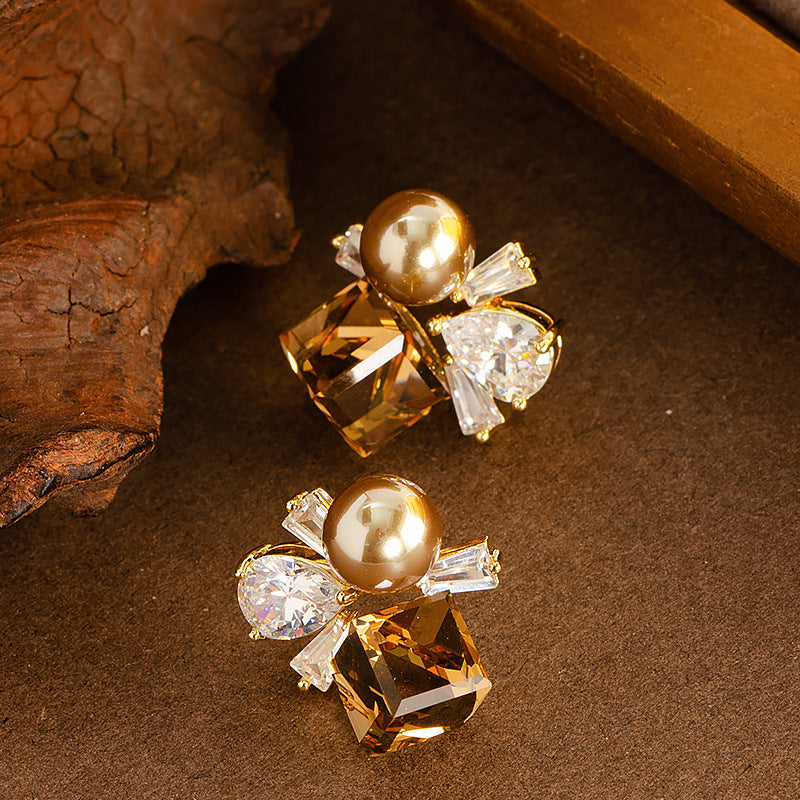 Elegant French Style Colorful Geometric Zircon Pearl Stud Earrings For Women