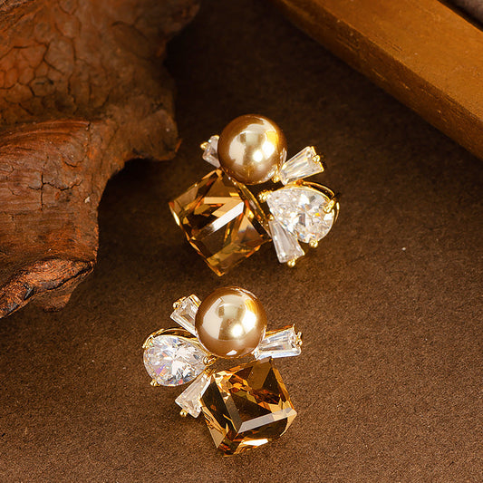 Elegant French Style Colorful Geometric Zircon Pearl Stud Earrings For Women