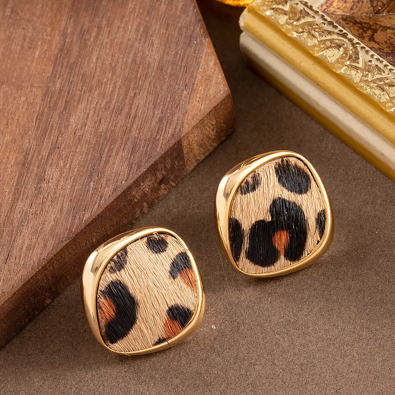 18K Gold Plated Natural Horsehair Leopard Print Geometric Stud Earrings