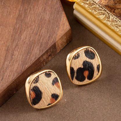 18K Gold Plated Natural Horsehair Leopard Print Geometric Stud Earrings