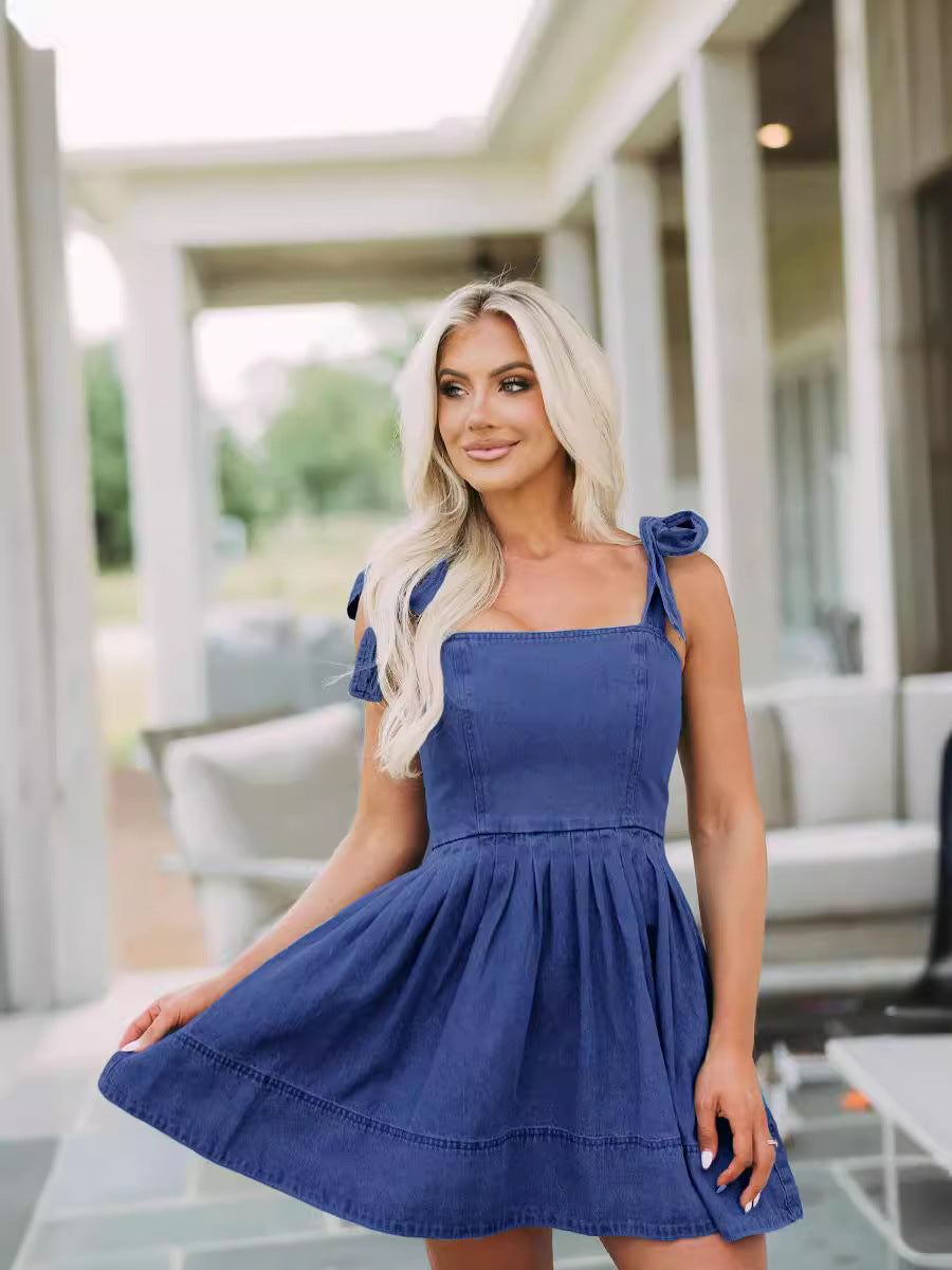 Trendy Casual Denim Dress Sleeveless with Zipper Detail