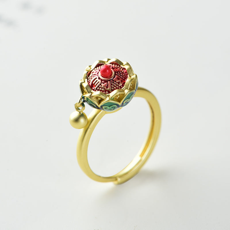 Lotus Six-Character Mantra Scripture Rotating Ring Lucky Turn Ring National Style Enamel Colored Burning Blue Ring