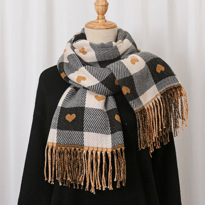 Sscarvii - Heart Print Plaid Winter Scarf