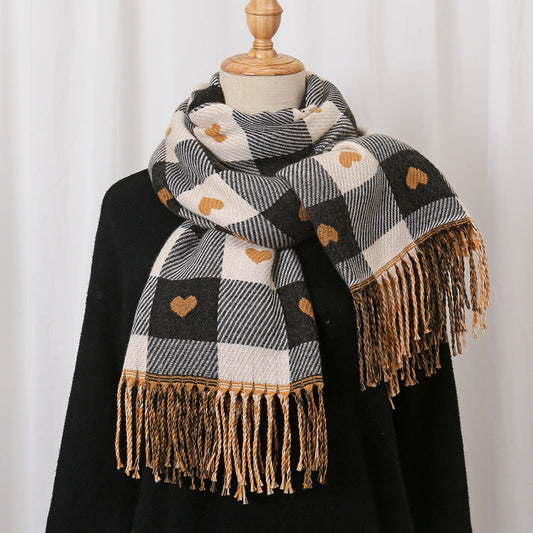 Sscarvii - Heart Print Plaid Winter Scarf