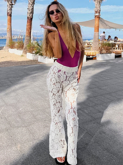 Floral Lace Bell Bottom Pants Casual High-Waisted Trousers