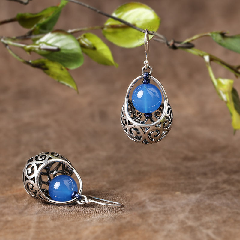 Ethnic Style Earrings Blue Agate Silver Earrings Retro Tibetan Style With Cheongsam Sterling Silver Earrings
