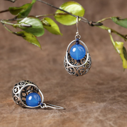 Ethnic Style Earrings Blue Agate Silver Earrings Retro Tibetan Style With Cheongsam Sterling Silver Earrings