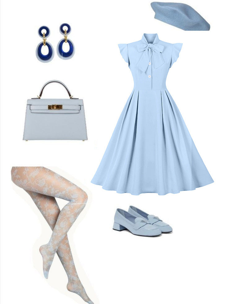 Vintage Style Ruffled Sleeve Belted Midi Dress