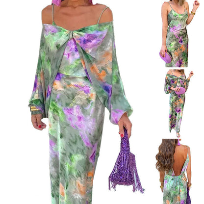 Women's Fashion Off-Shoulder Tie-Dye Cami & Shawl Dress Set