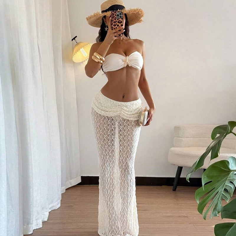 Sexy Strapless Lace Maxi Dress Two-Piece Set
