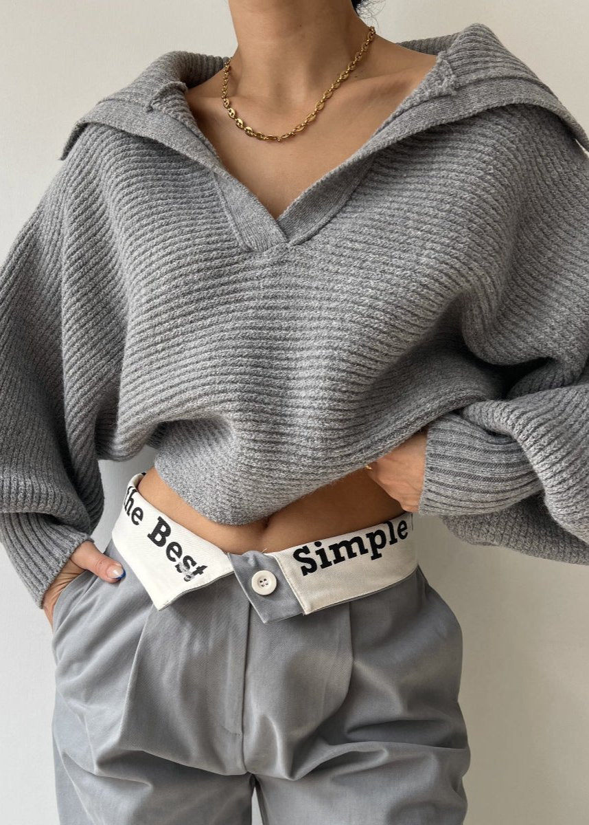 Ribbed Knit Sweater With Structured Collar