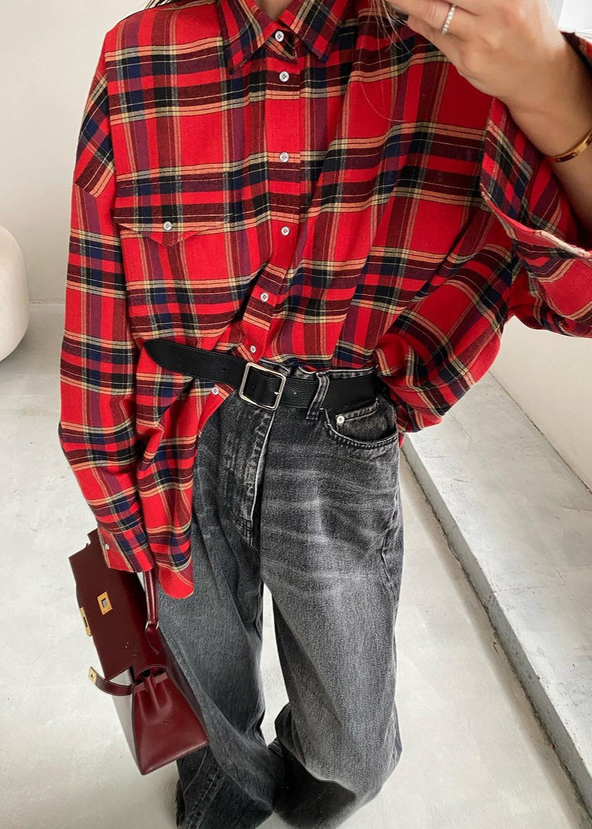 Oversized Red Plaid Shirt With Chest Pockets