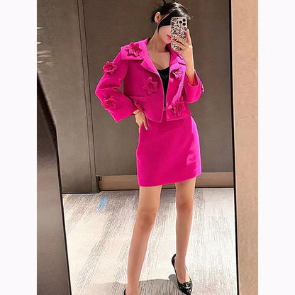 Fluorescent Pink Floral Embroidered Short Blazer