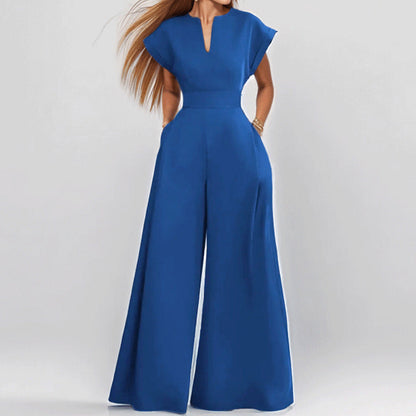 Elegant Solid Color High-Waisted V-Neck Wide-Leg Jumpsuit