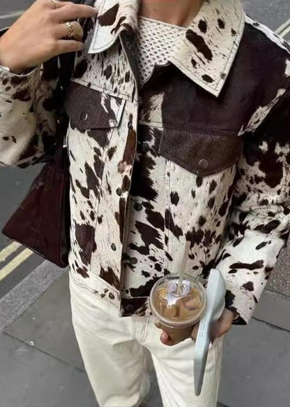 Cow Print Polyester Jacket With Chest Pockets