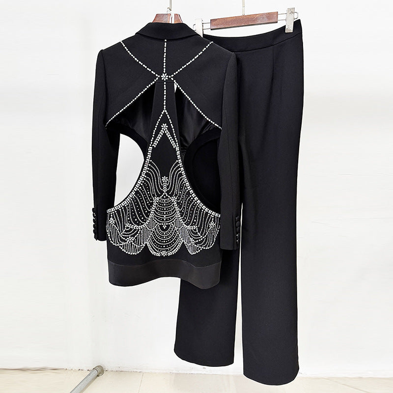 Hollow Rhinestone Blazer and Long Pants Set