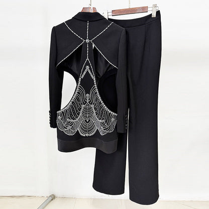 Hollow Rhinestone Blazer and Long Pants Set