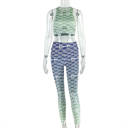 Sporty Stylish Printed Tank Top And Tapered Pants Set For Women