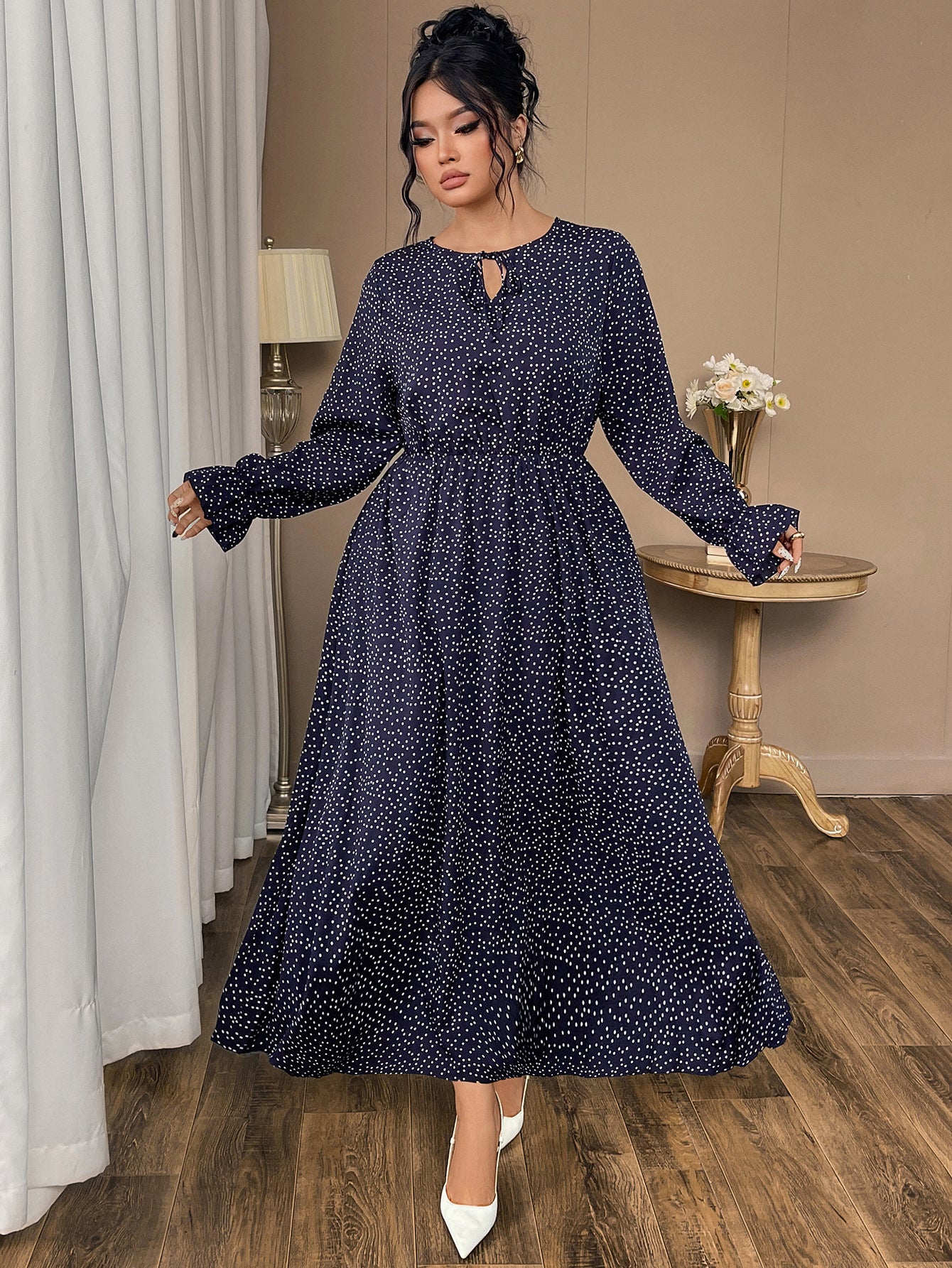 Plus Size Polka Dot Chiffon Dress with Flared Sleeves