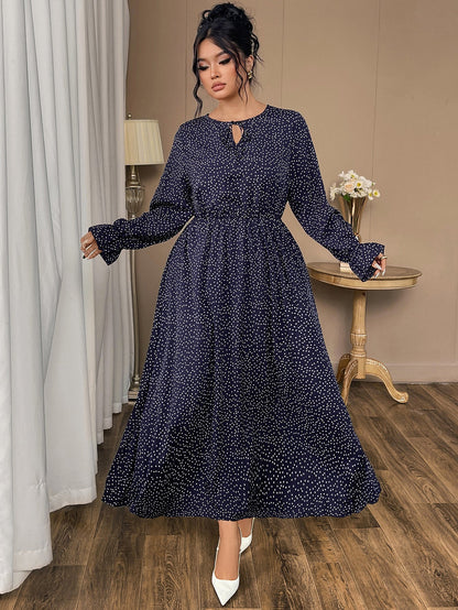 Plus Size Polka Dot Chiffon Dress With Flared Sleeves