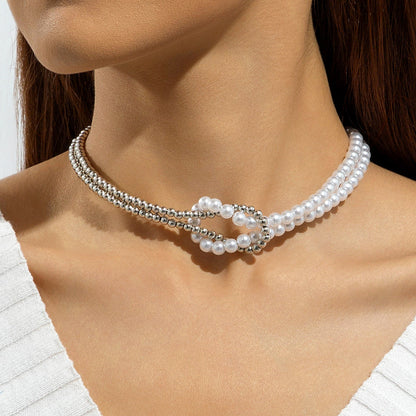 Fashionable Vintage Geometric Bead Necklace With Pearl Layered Design