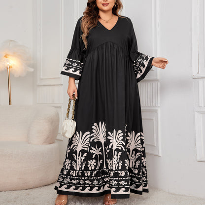 V-Neck Floral Long Dress with Flared Sleeves