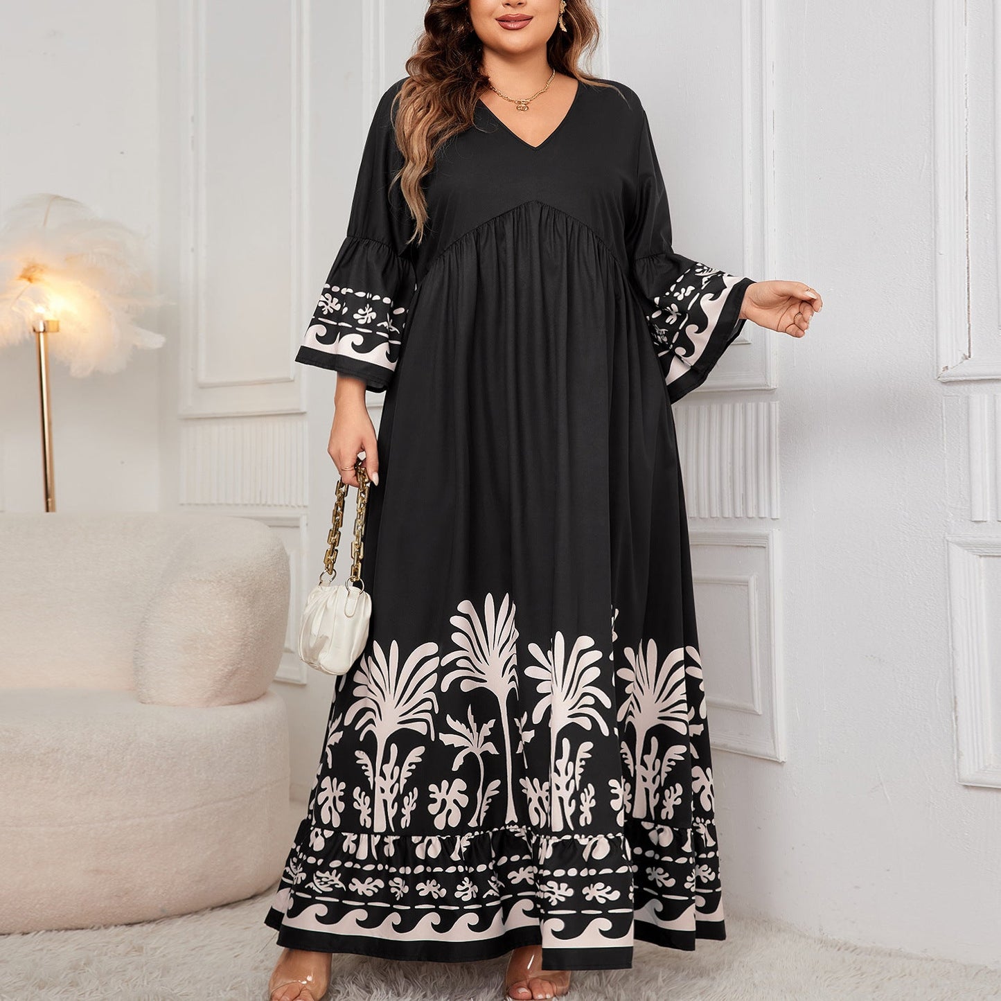 V-Neck Floral Long Dress With Flared Sleeves
