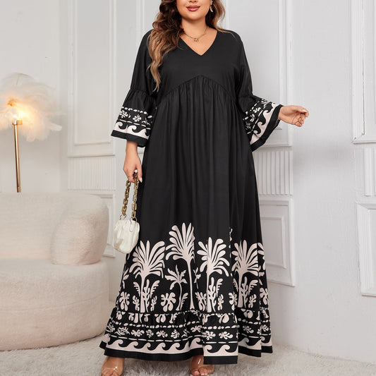 V-Neck Floral Long Dress With Flared Sleeves