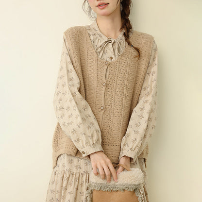 Casual Vintage Round Neck Knitted Vest with Crochet Details
