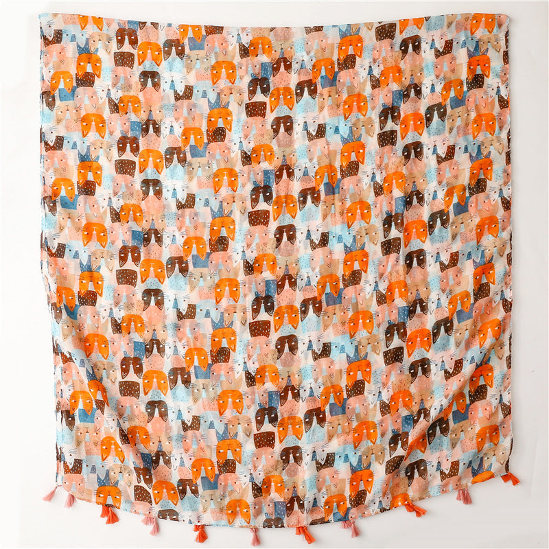 New Spring And Summer Fresh And Sweet Cartoon Cat Cotton And Hemp Scarf Balinese Thin Scarf Shawl