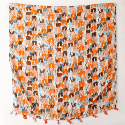New Spring And Summer Fresh And Sweet Cartoon Cat Cotton And Hemp Scarf Balinese Thin Scarf Shawl