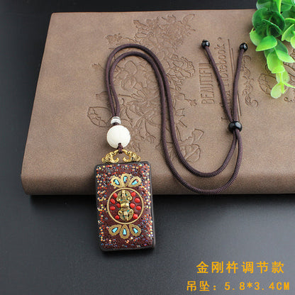 Vintage Ebony Nepal Pendant Fortune Transfer Necklace Long Versatile Ethnic Style Peace Card Pendant Necklace