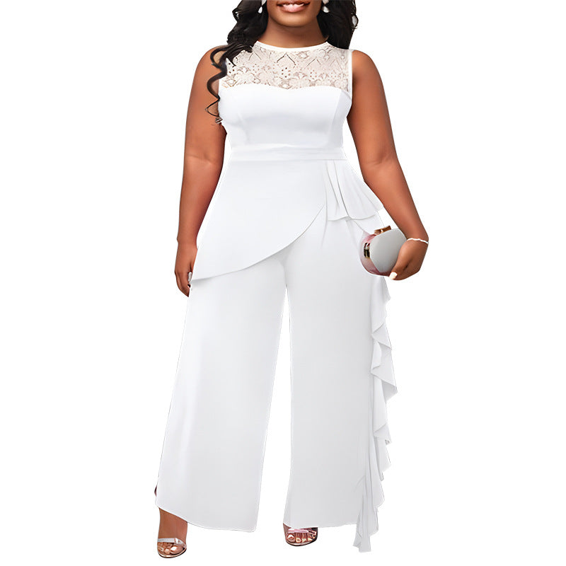 Plus Size Women'S Solid Color Lace Trim Wide Leg Jumpsuit