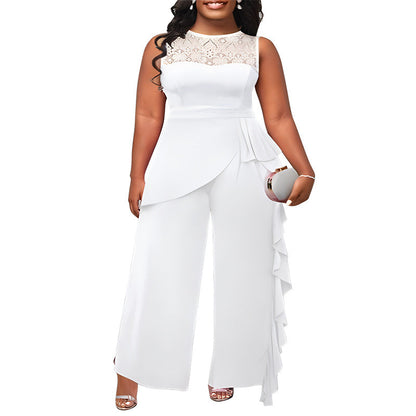 Plus Size Women'S Solid Color Lace Trim Wide Leg Jumpsuit