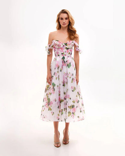 Off-Shoulder Elegant A-Line Evening Dress in Blue and Pink