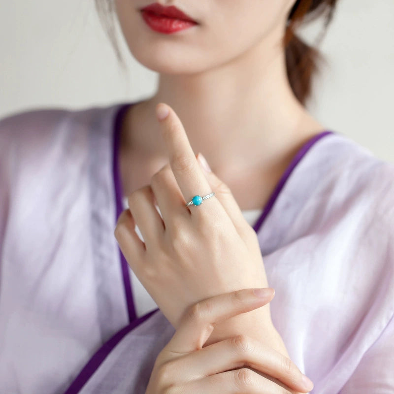Retro-Styled S925 Silver Exquisite Ring Female Opening Carved National Turquoise Tide Jewelry