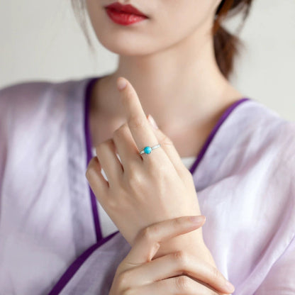 Retro-Styled S925 Silver Exquisite Ring Female Opening Carved National Turquoise Tide Jewelry
