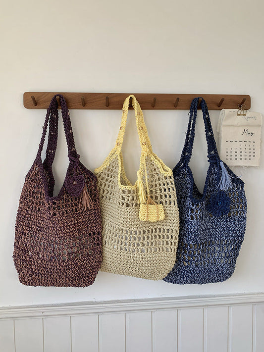 Trendy Woven Straw Shoulder Bag Casual Chic Handheld Purse