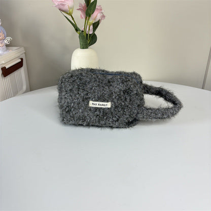 Simple Plush Solid Color Cosmetic Bag With Handle