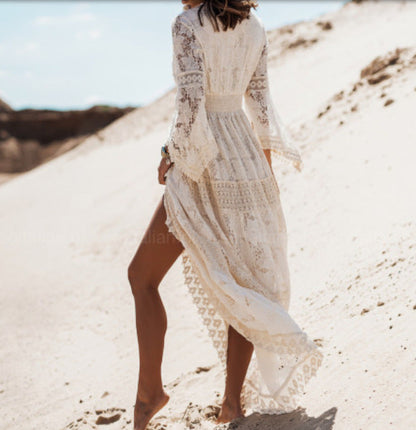New Lace Stitching Lace Fringed Trumpet Line Long Skirt