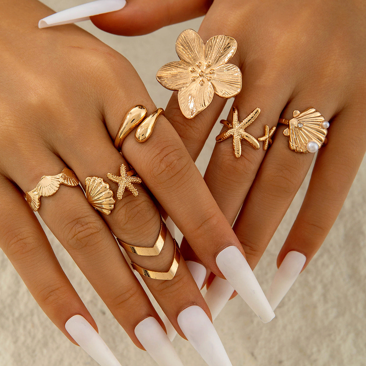 Bohemian Pearl Flower Ring Set Alloy Plating Metal Rings