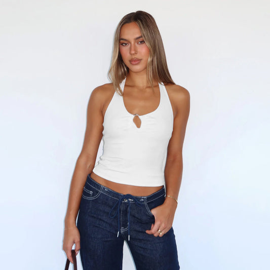Y2K Stylish Metal Buckle Hollow Neck Crop Top